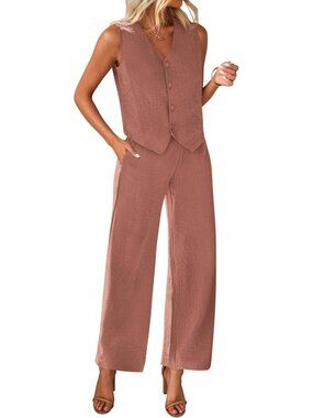 Women's Dark Pink Polyester Two Piece Button V Neck Wide Leg Pants Suit Blazer